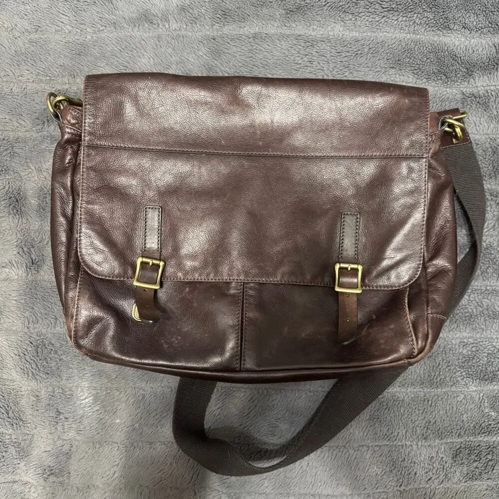 Fossil Defender Slim Messenger Bag Brown Cognac Leather Commuter Crossbody
